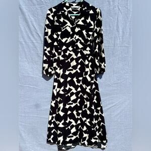 Elegant Black & White‎ Geometric Print Long Sleeve Button-Down Midi Dress